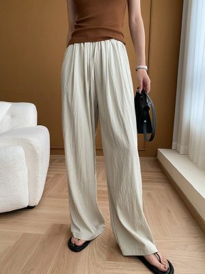 Women’s Pleated Wide-Leg Pants – Elastic High-Waist French Style