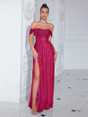 Sexy Off-Shoulder Sequin Evening Dress – High Slit Cocktail & Party Dress