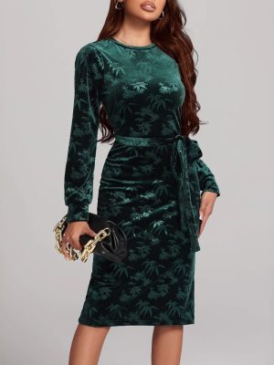 Autumn Winter Long Sleeve Waist-Slimming Printed Velvet Dress