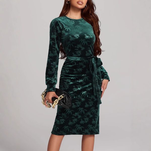 Autumn Winter Long Sleeve Waist-Slimming Printed Velvet Dress