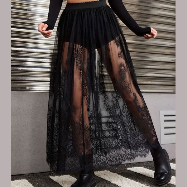 Summer Dark Gothic Lace See-Through Sexy Maxi Skirt Dress - Image 4