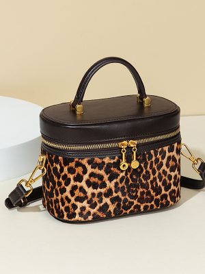 Leopard Print Black Leather Portable Cosmetic Bag with Horse Hair