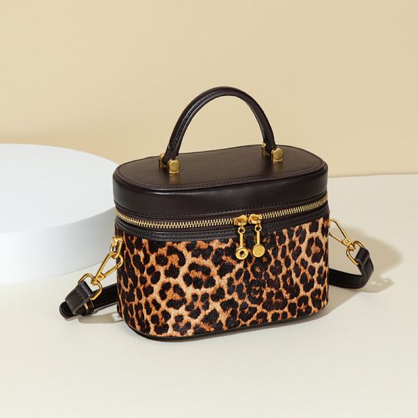 Leopard Print Black Leather Portable Cosmetic Bag with Horse Hair