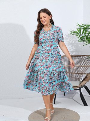 Plus Size Floral Chiffon Midi Dress with Ruffle V-Neck and Elastic Waist