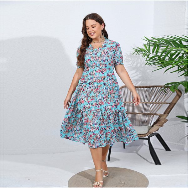 Plus Size Floral Chiffon Midi Dress with Ruffle V-Neck and Elastic Waist