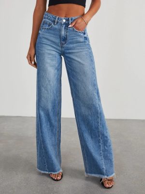 Women’s Wide-Leg Frayed Hem Jeans – Loose Fit with Side Seam Stitching