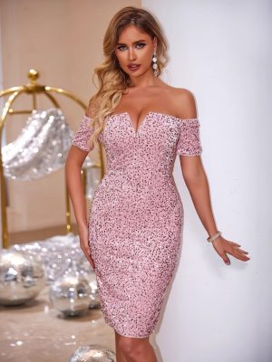 Sexy Off-Neck V-Plunge Tube Top Sequined Party Dress