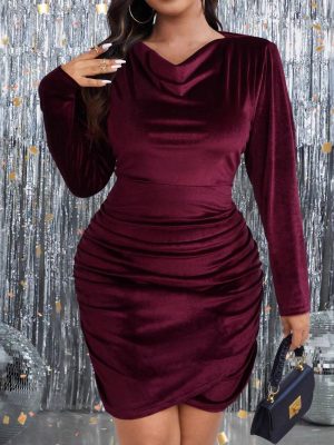 Plus Size Wine Red Cocktail Dress for Autumn Winter