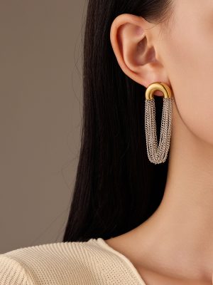 Elegant Curved Chain Long Tassel Titanium Steel Stud Earrings