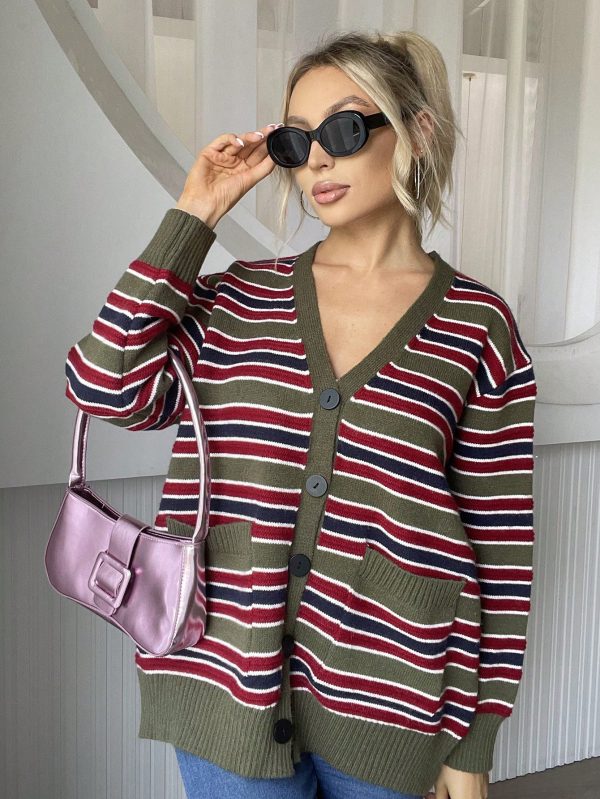 Women’s V-Neck Striped Contrast Color Knitted Cardigan Sweater Coat - Image 3