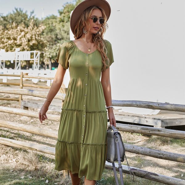 Casual Solid Color Round Neck Large Swing Dress for Women - Image 3