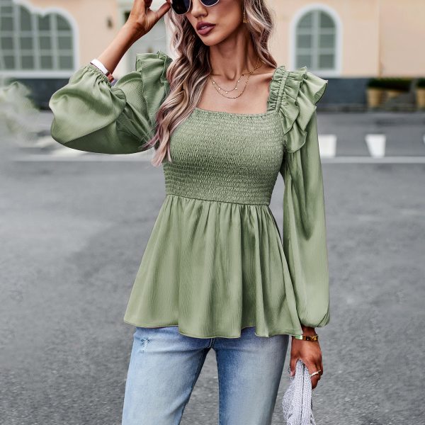 Solid Color Smocking Long Sleeve Shirt for Women - Image 2