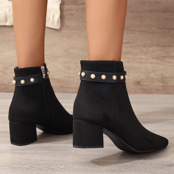 Black Pearl Microfiber Ankle Boots for Women, Pointed Toe, Chunky Heel - Image 2