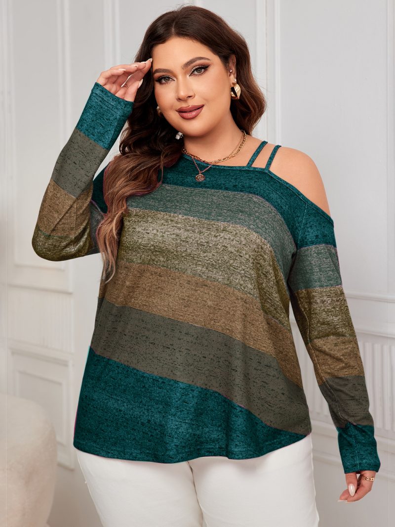 Plus Size Off-Shoulder Color Block Long Sleeve Shirt - Image 2