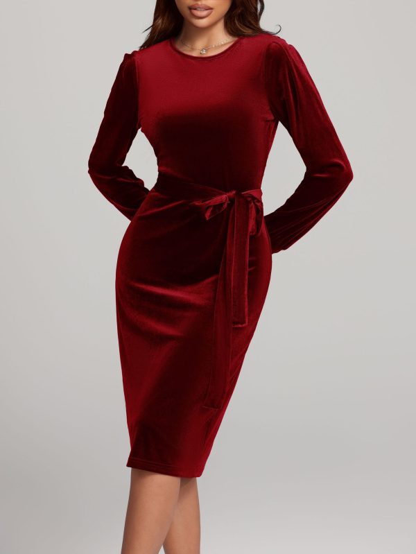 Autumn Winter Velvet Lace-Up Dress - Long Sleeve Waist Controlled - Image 2