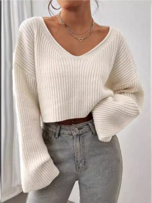 Women’s Cropped V-Neck Off-Shoulder Ribbed Knitted Sweater