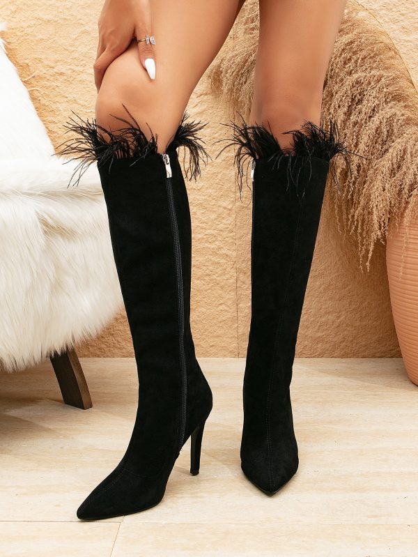 Spring Suede Pointed Toe Stiletto Boots with Feather Detail - Image 2