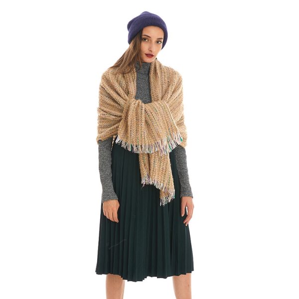 Autumn Winter Herringbone Tassel Shawl - Loose Circle Yarn Scarf - Image 3