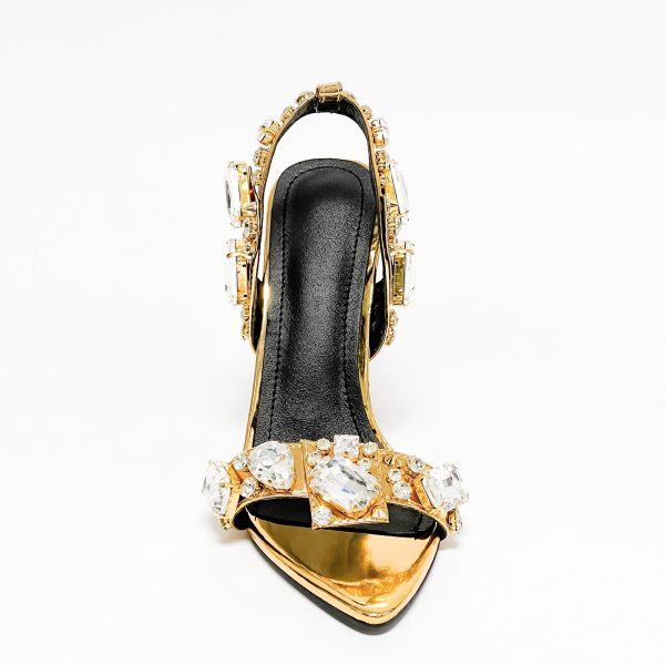 11cm Gold Rivet Rhinestone Pointed Stiletto Sandals for Women - Image 2