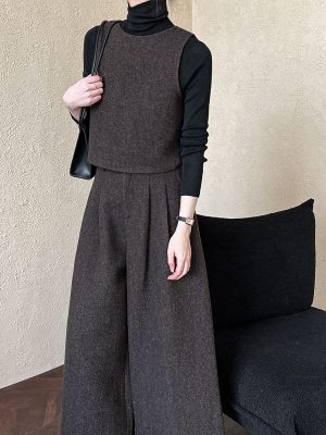 Two Way Vest Wide Leg Pants Women Autumn Winter Woolen Two Piece Sets