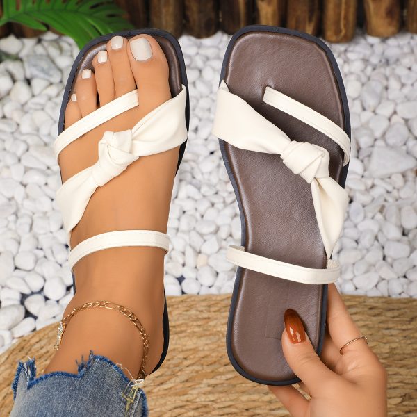 Plus Size Bow Toe Covering Flat Slippers Women Beach Sandals - Image 4