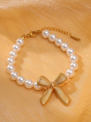 Elegant Bow Pearl Titanium Steel Bracelet 18K Gold Plated