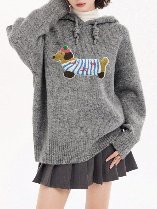 Women's Sausage Dog Embroidered Hooded Pullover Sweater - Image 3