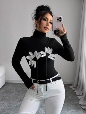 Black Sexy Turtleneck Floral Appliqué Long Sleeve Fitted Top for Women – Spring Fashion