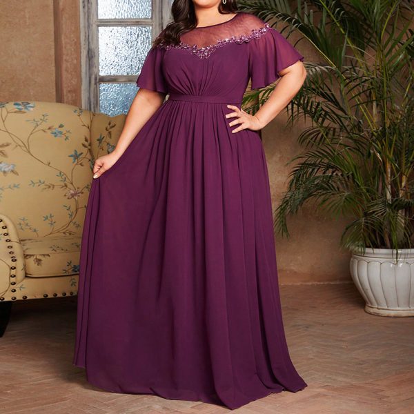 Plus Size Evening Wedding Bridesmaid Dress Round Neck Sequined Party Dress - Image 3