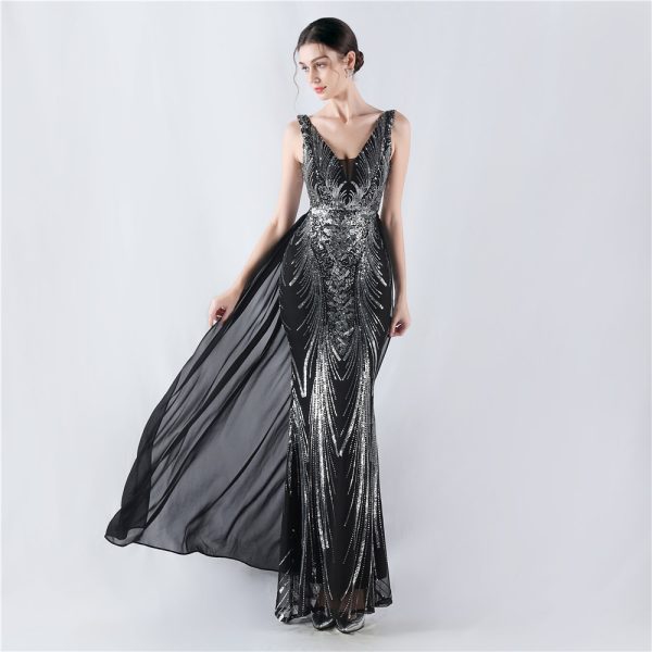 Floral Sequin Beaded Evening Dress with Cloak - Image 3