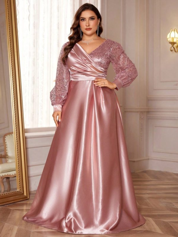 Plus Size Satin V-Neck Sequin Maxi Cocktail Evening Dress - Image 3