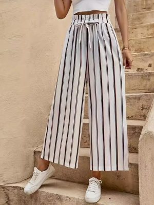 Summer Women High Waist Striped Wide Leg Pants Casual Loose Slimming