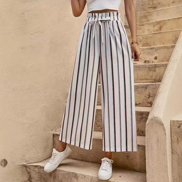 Summer Women High Waist Striped Wide Leg Pants Casual Loose Slimming