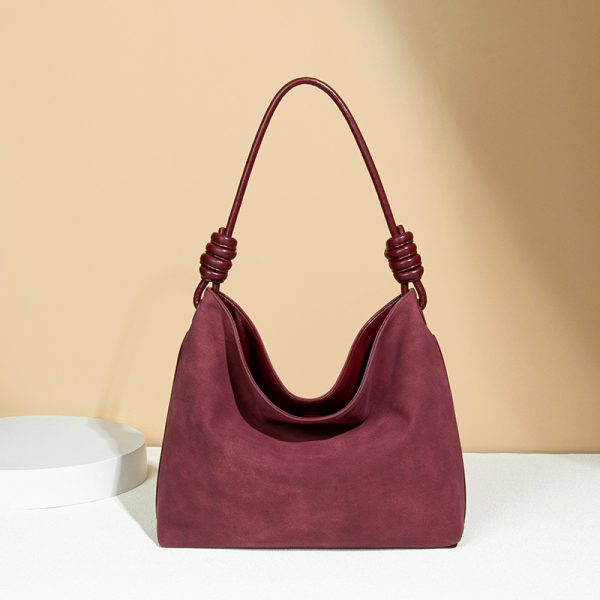 Red Suede Crossbody Tote Bag Retro Light Luxury Bucket Bag - Image 3