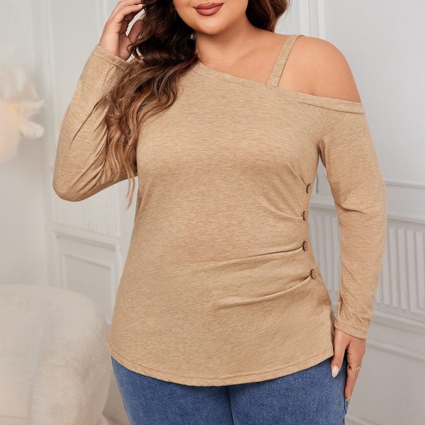 Plus Size Oblique Shoulder Loose Pullover Knitwear with Long Sleeves