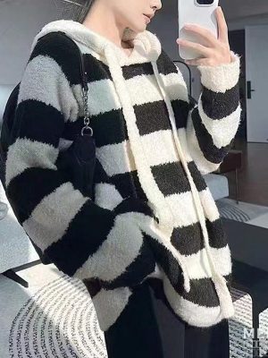 Women’s Hooded Black & White Striped Knitted Pullover Sweater