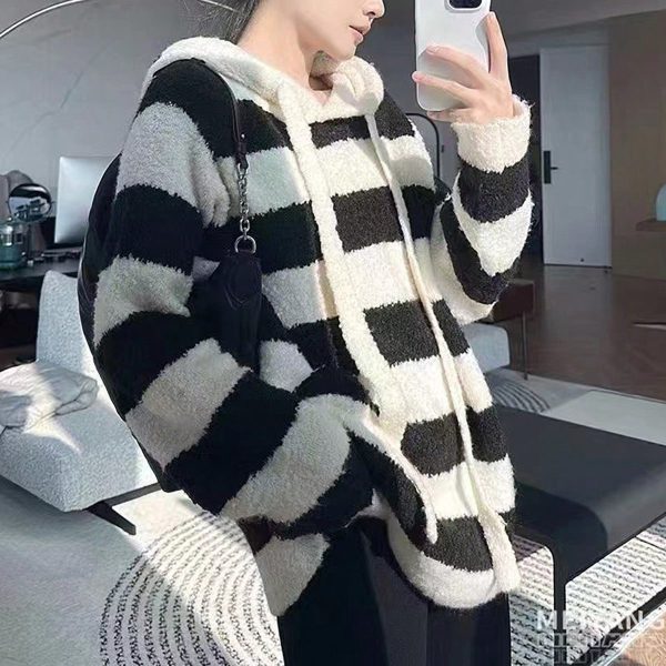 Women's Hooded Black & White Striped Knitted Pullover Sweater