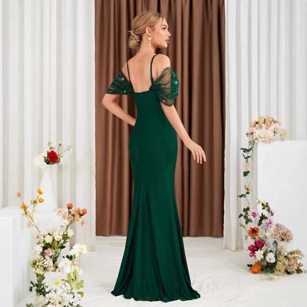 Off Shoulder Spaghetti Straps Slit Fishtail Evening Dress - Image 5