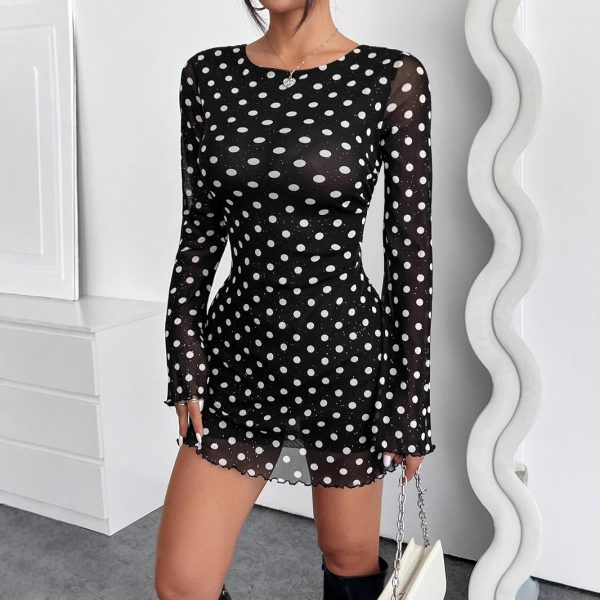 Elegant Mesh Polka Dot Printed Round Neck Backless Long Sleeve Dress - Image 4