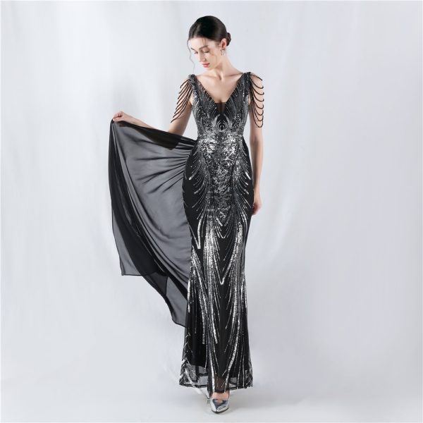 Floral Sequin Beaded Cloak High-End Evening Dress - Image 5