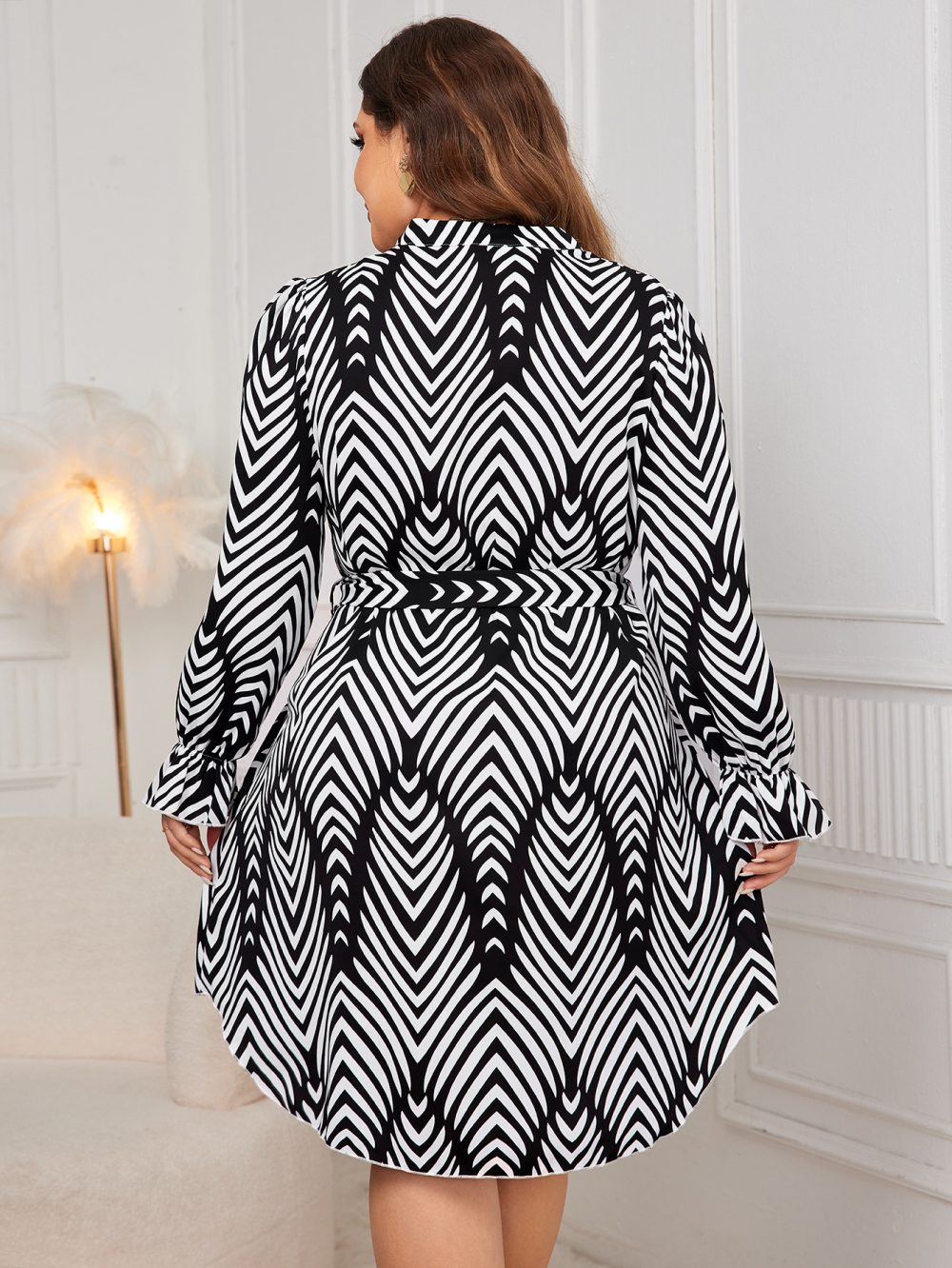 Plus Size Printed Long Sleeve V Neck Dress with Tied High Waist - Image 3