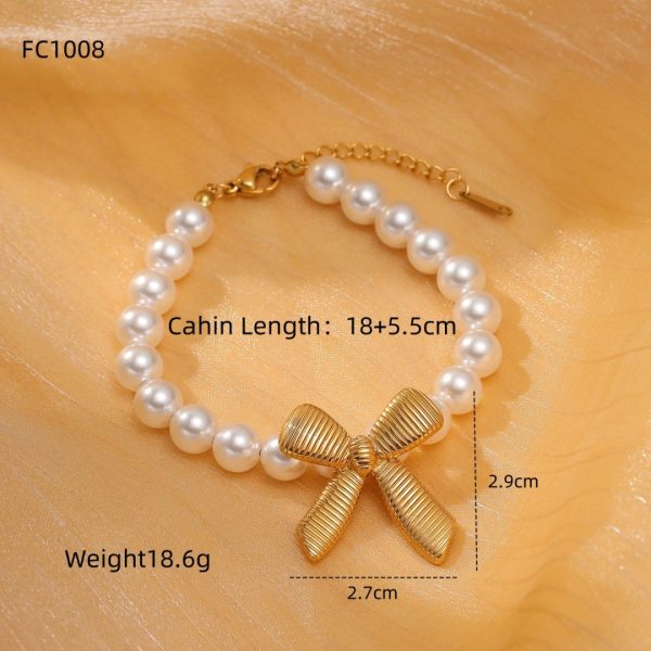 Elegant Bow Pearl Titanium Steel Bracelet 18K Gold Plated - Image 3