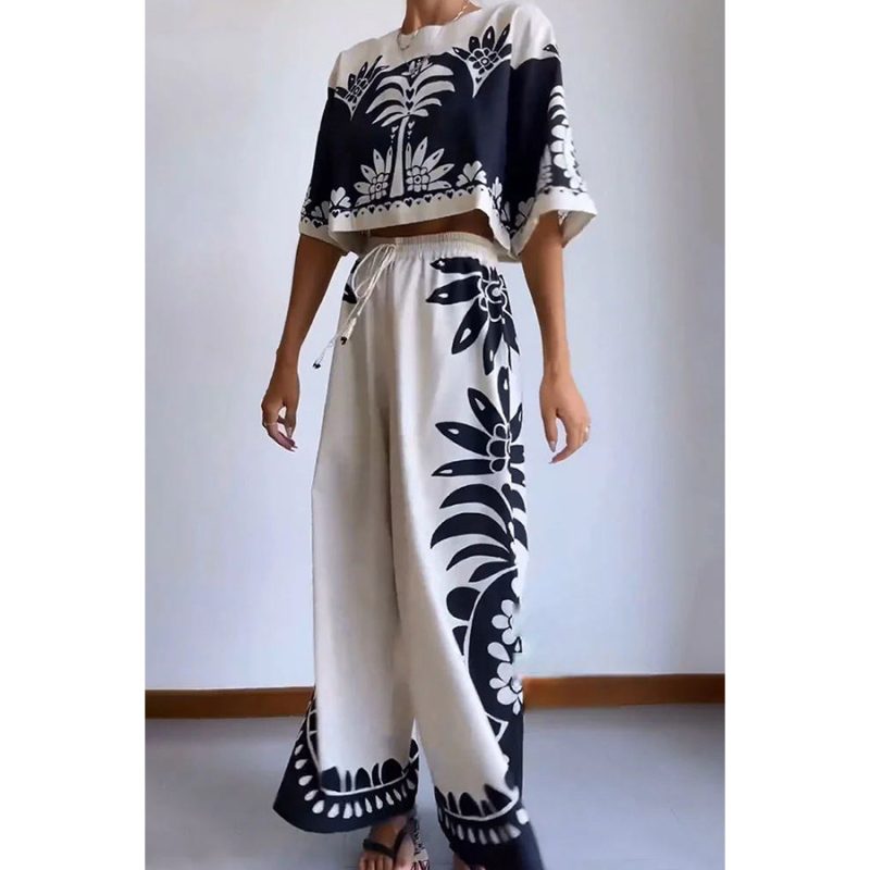 Women's Casual Short Sleeve Two-Piece Elastic Waist Set
