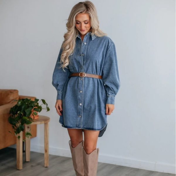 Women's Casual Slimming Long Sleeve Button Denim Dress - Image 3