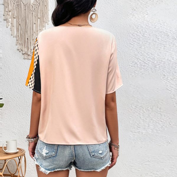 Color Contrast Patchwork V-Neck Slim Fit Shirt Women - Image 4