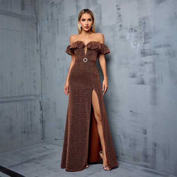 Off-Shoulder Fishtail Evening Dress - Slim Waist Hostess Gown