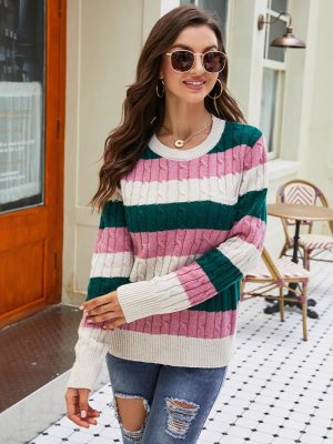 Autumn Winter Rainbow Striped Pullover Sweater