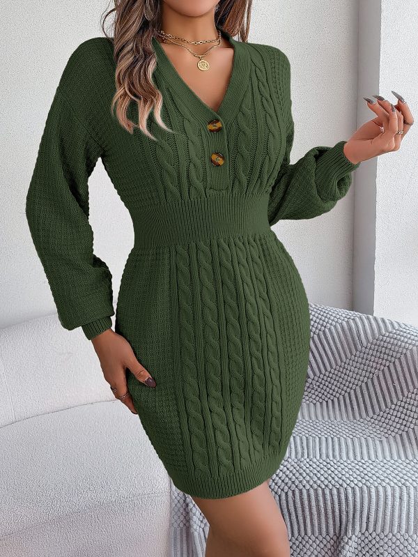 Fall Winter Button V-Neck Twist Lantern Sleeve Sweater Dress - Image 4