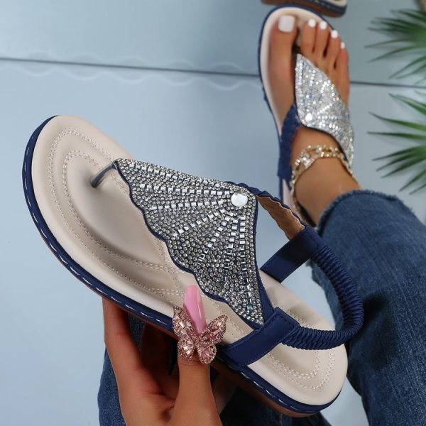 Sweet Rhinestone Flat Sandals with Elastic Band Beach Slippers - Image 3