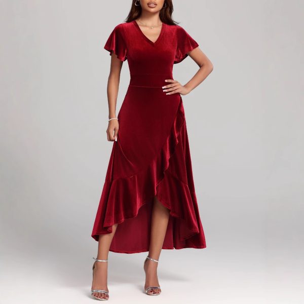 Autumn Winter Elegant Sexy Red Velvet Formal Dress - Image 4